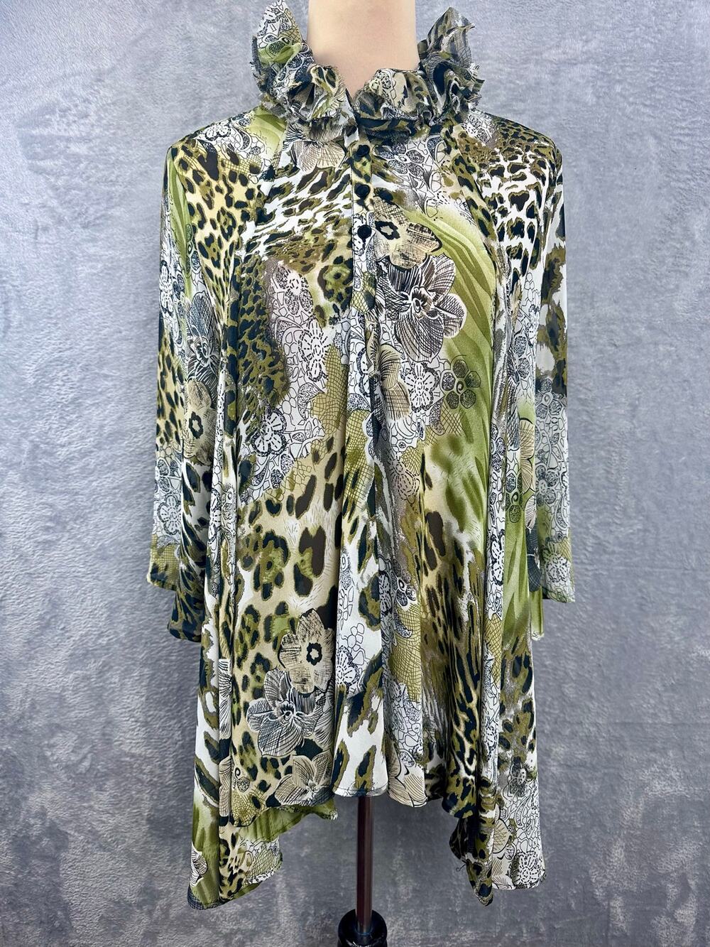 Jaipur Green Sheer Animal Print Tunic Top Ruffle High-Neck Y2K Fairy Indie - M